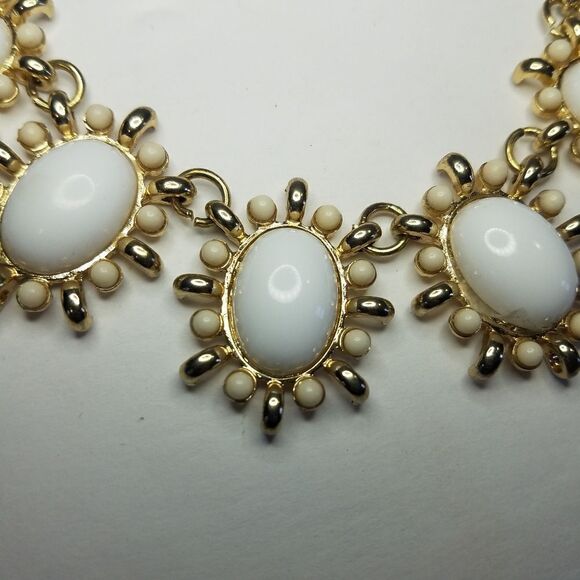 Chunky Gold Tone White Cabochon Statement Bib Necklace - Picture 4 of 5